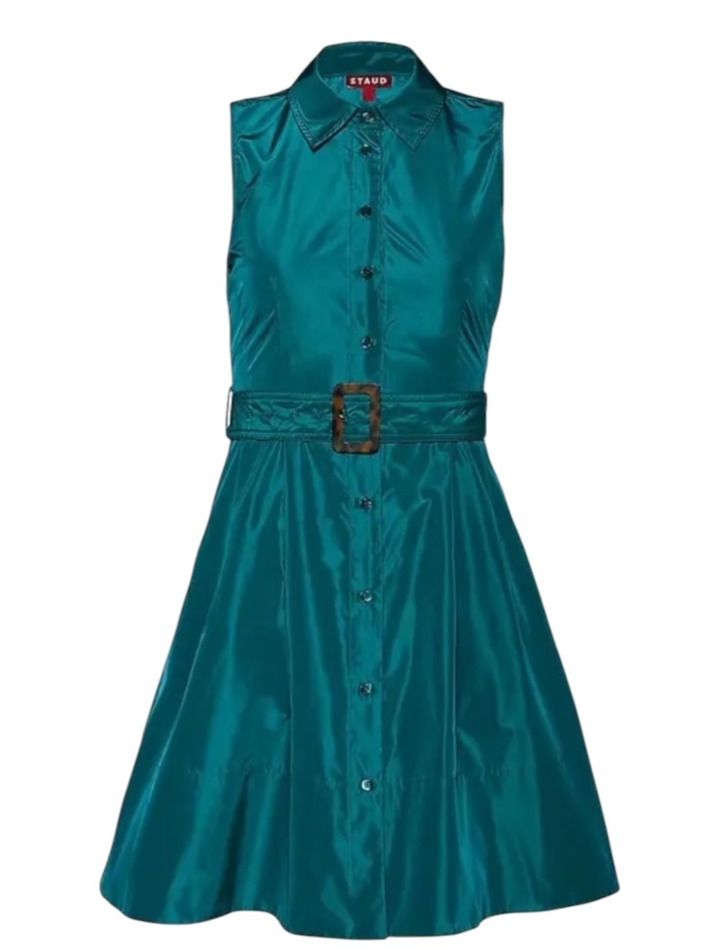 Staud Jolene Belted Taffeta Mini Shirt Dress in Coastal Size 0 Fit & Flare